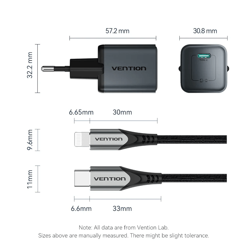 Vention 1-Port USB-C GaN Charger (20W) with USB-C to Lightning Cable (1M) dimensions and design details