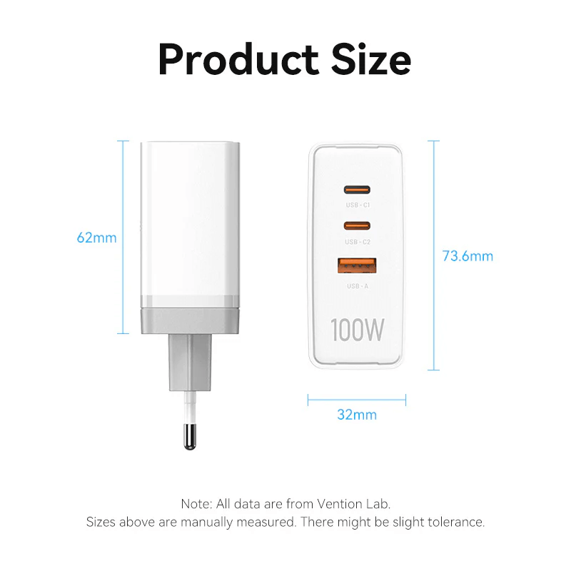 Vention 3-Port USB (C+C+A) GaN Charger 100W product size dimensions 62mm x 73.6mm x 32mm for efficient charging.