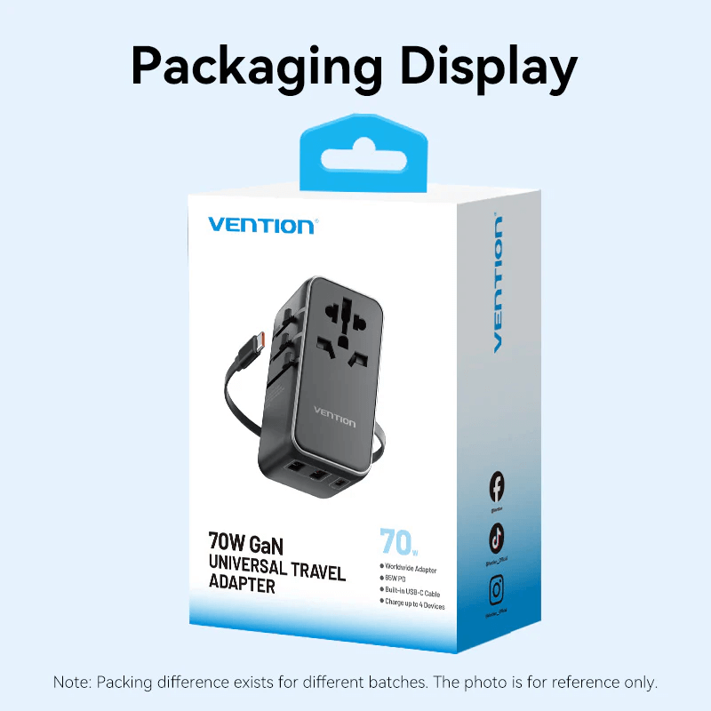 Vention 3-Port GaN Travel Adapter with Built-in Cable packaging display for global travel charging.