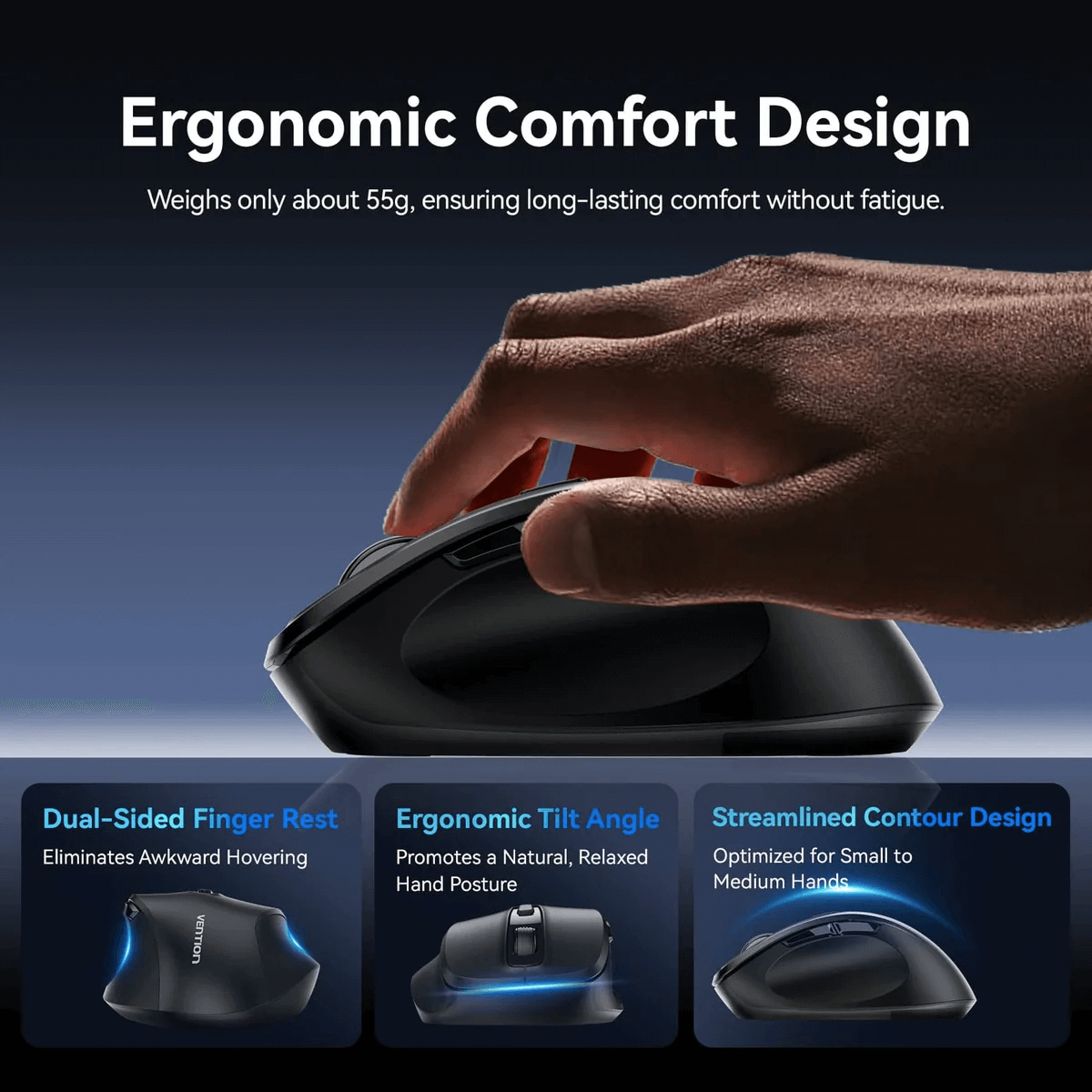 Vention Dual-Mode Wireless Ergonomic Mouse showcasing ergonomic comfort design features for lasting use.