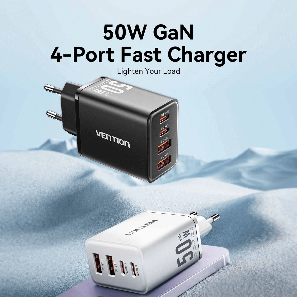 Vention 4-Port GaN Charger displayed on a rugged background, showcasing its fast charging capabilities.