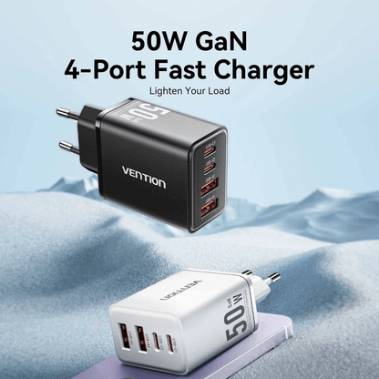 Vention 4-Port GaN Charger displayed on a rugged background, showcasing its fast charging capabilities.