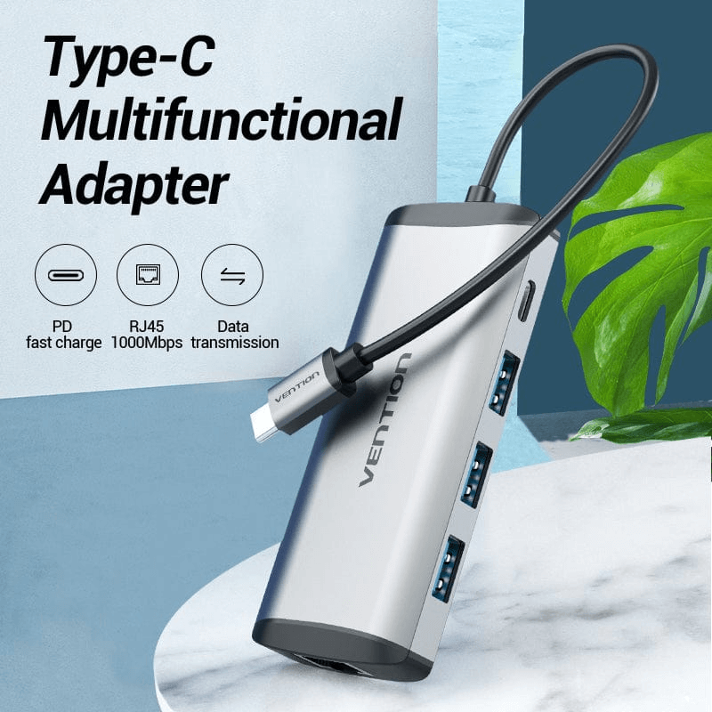 Vention 5-in-1 USB-C Hub with Gigabit Ethernet, Type-C multifunctional adapter for fast data transfer and charging.