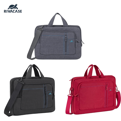 Rivacase Alpendorf Canvas Laptop Bag in grey, black, and red colors, ideal as a stylish corporate gift.
