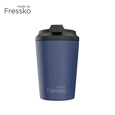 Made By Fressko Camino 12oz Insulated Stainless Steel Cup in navy with a click-back lid, perfect as a Corporate Gift.