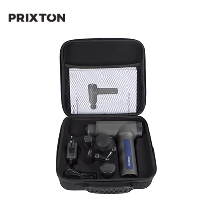 Prixton MGF100 Massage Gun in a carrying case with interchangeable heads and charger.