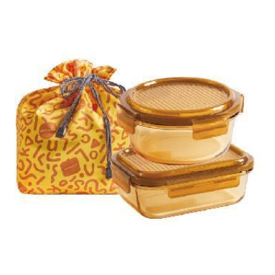 LocknLock Amber Glass Lunch Box 3pcs Set with two containers and a gift bag, perfect for corporate gifting.