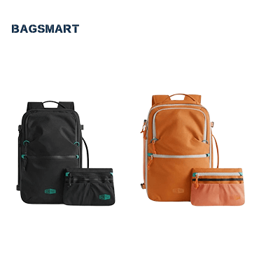 Bagsmart Faro Carry On Travel Backpack Set 29L in black and orange, ideal for stylish travel and corporate gift.