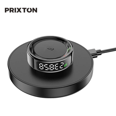 Prixton Orbyt Touch smart ring charging on a sleek black wireless charger, ideal for health tracking and style.
