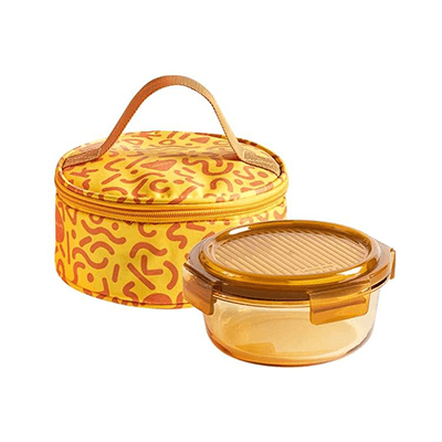 LocknLock Rhine Dynamic Amber Round Glass Lunch Box 2pcs Set with colorful tote bag