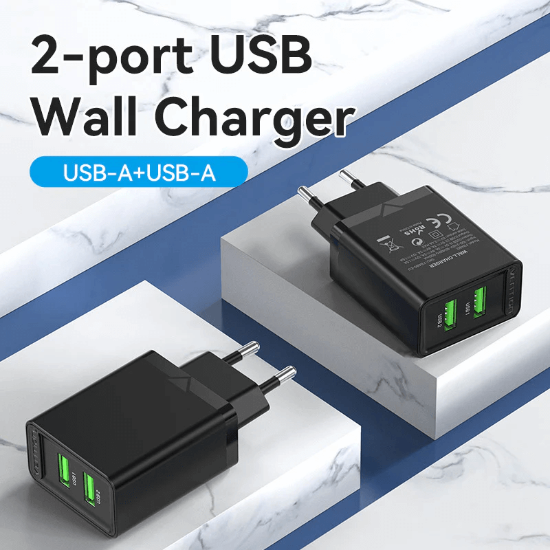 Vention 2-Port USB (A+A) Wall Charger 18W on a marble surface, showcasing dual charging ports for efficient power delivery.