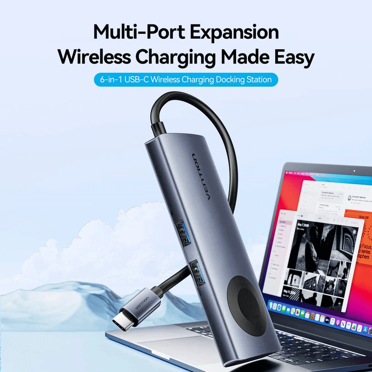 Vention 6-in-1 USB-C Wireless Charging Docking Station for multi-port expansion and seamless wireless charging.