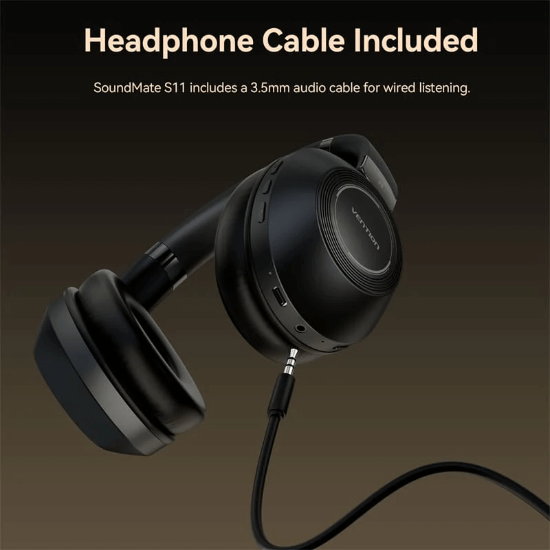 Vention Wireless On-Ear Headphones SoundMate with headphone cable for wired listening, 3.5mm audio connection included.