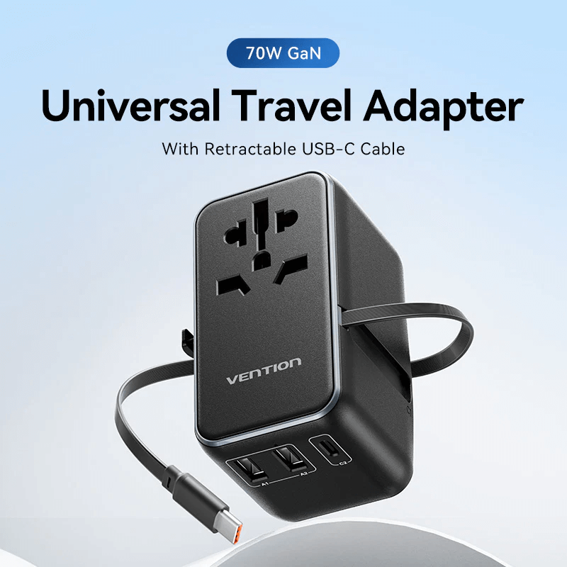 Vention 3-Port GaN Travel Adapter with Built-in Cable, universal design with USB-C, perfect for travel.