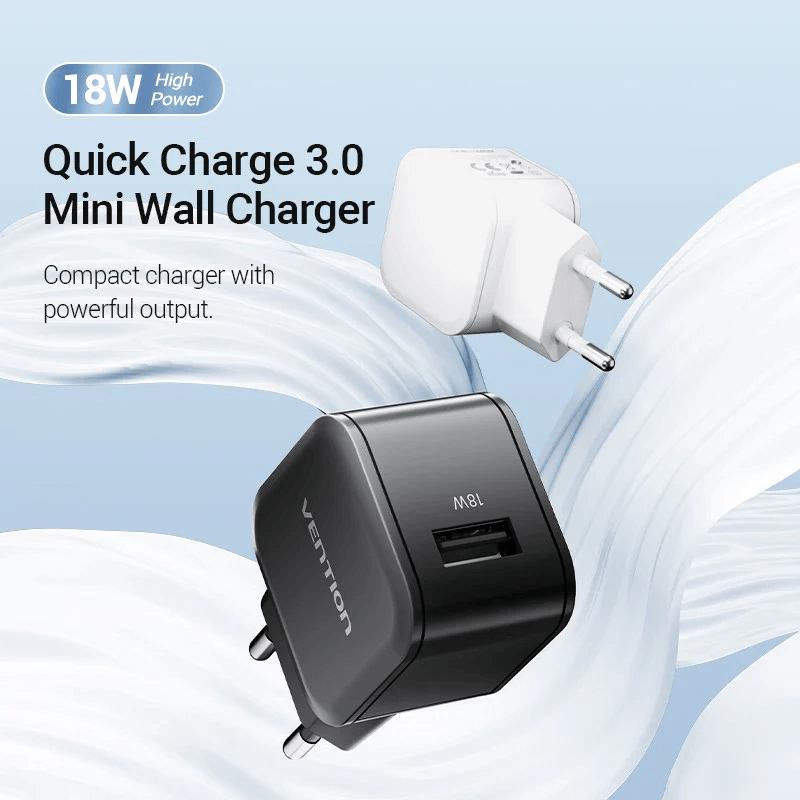 Vention 1-Port USB Wall Charger 18W compact design with Quick Charge capability for efficient charging.