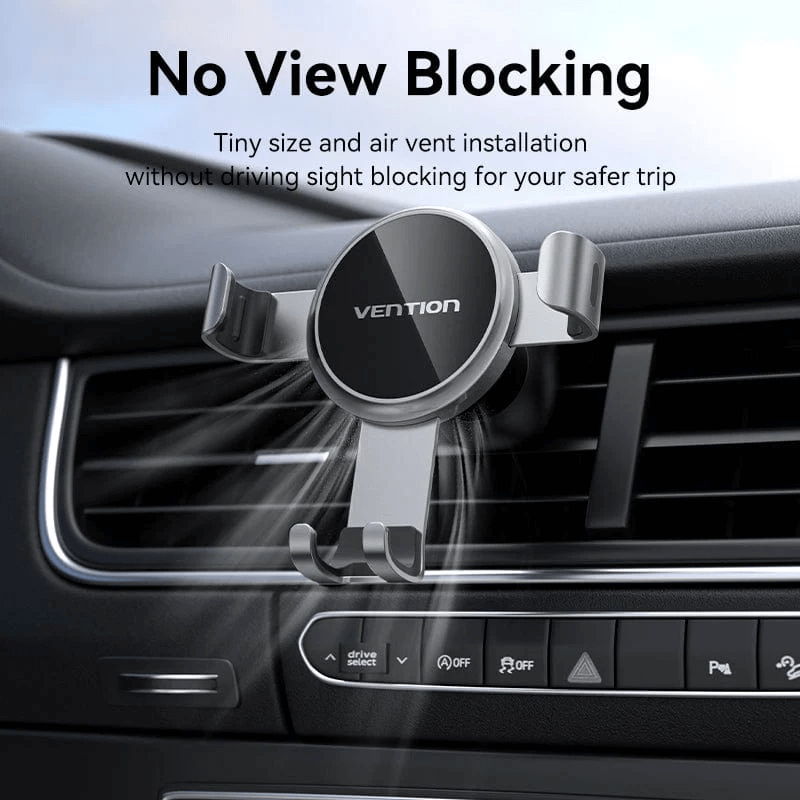 Vention Tiny Car Phone Mount installed in vehicle air vent for hands-free navigation without view blocking.