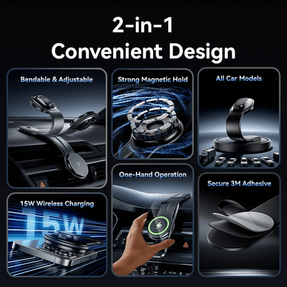 Vention Magnetic Wireless Car Mount Charger 15W features a strong magnetic hold and convenient 2-in-1 design for efficient charging.