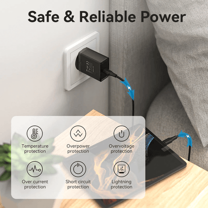 Vention 1-Port USB-C Wall Charger 25W plugged into outlet demonstrating safe and reliable power features.