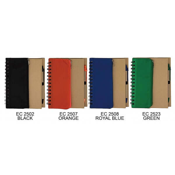 Eco Notepad with Non-Woven Pouch with Pen in four colors: black, orange, royal blue, and green.
