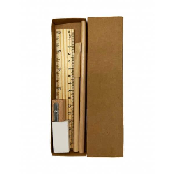 Eco Friendly Stationery 5in1 Set including pencil, ball pen, sharpener, ruler, and eraser in kraft box.