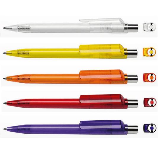 Maxema Ball Pen DOT D1 in various colors including white, yellow, orange, red, and purple, ideal for corporate gifts.