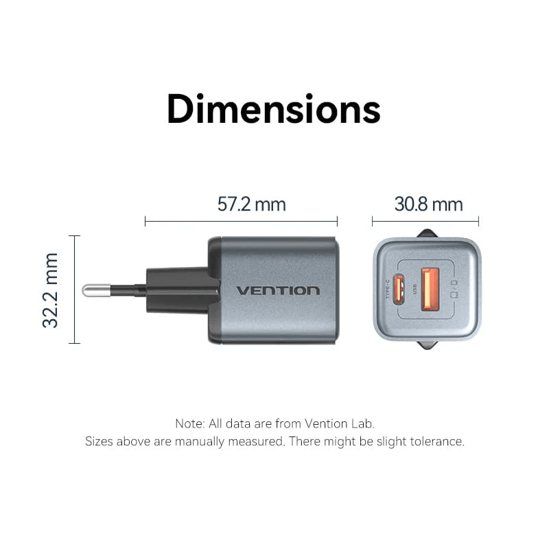 Vention 2-Port USB (C+A) GaN Charger 30W dimensions showing size specifications for optimal usage.