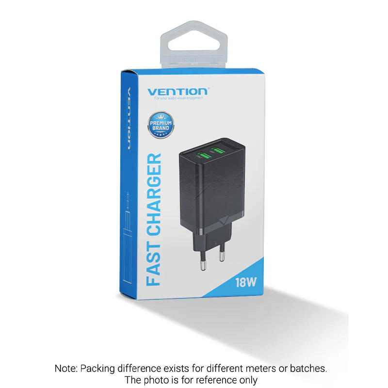 Vention 2-Port USB (A+A) Wall Charger 18W packaging design with fast charger label, ideal for corporate gift.