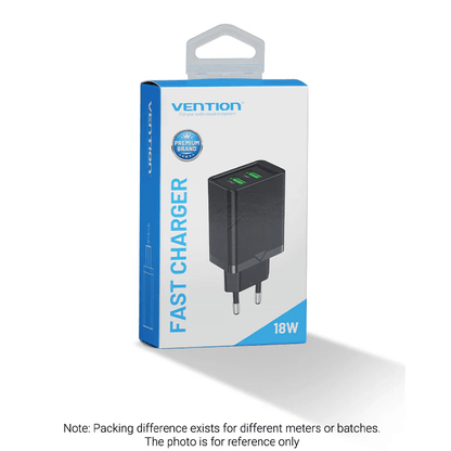 Vention 2-Port USB (A+A) Wall Charger 18W packaging design with fast charger label, ideal for corporate gift.