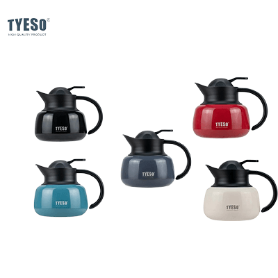TYESO Vacuum Insulated Teapot with Strainer 20oz in five stylish colors, perfect for tea enthusiasts and corporate gifts.