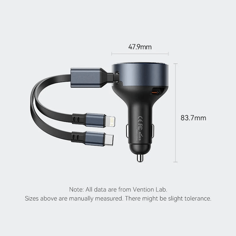 Vention Car Charger with Built-In Cable 30W dimensions and design, features 30W fast-charging capability.