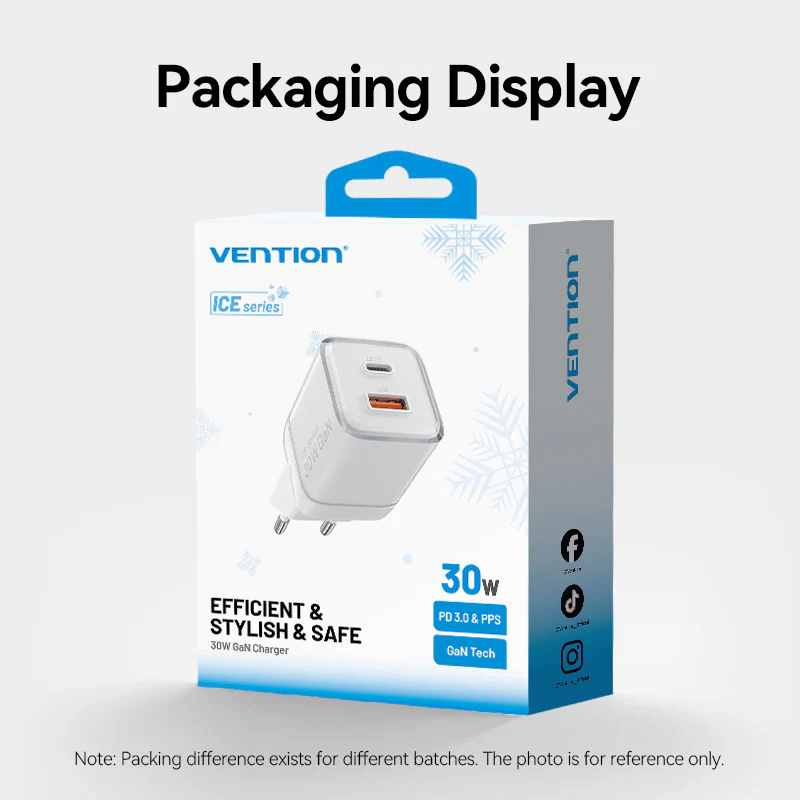 Vention 2-Port USB (C + A) GaN Charger (30W/30W) packaging display for efficient charging.