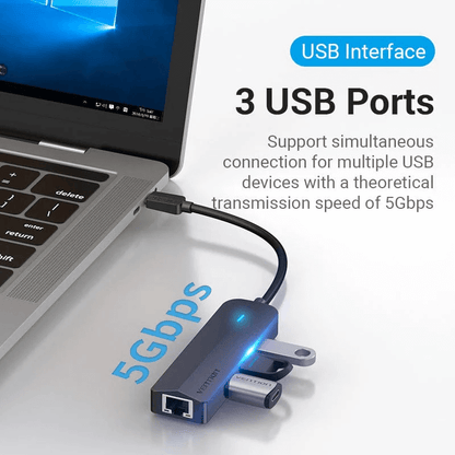 Vention 5-in-1 USB-C Hub with 3 USB 3.0 Ports showing 3 USB ports and USB interface.
