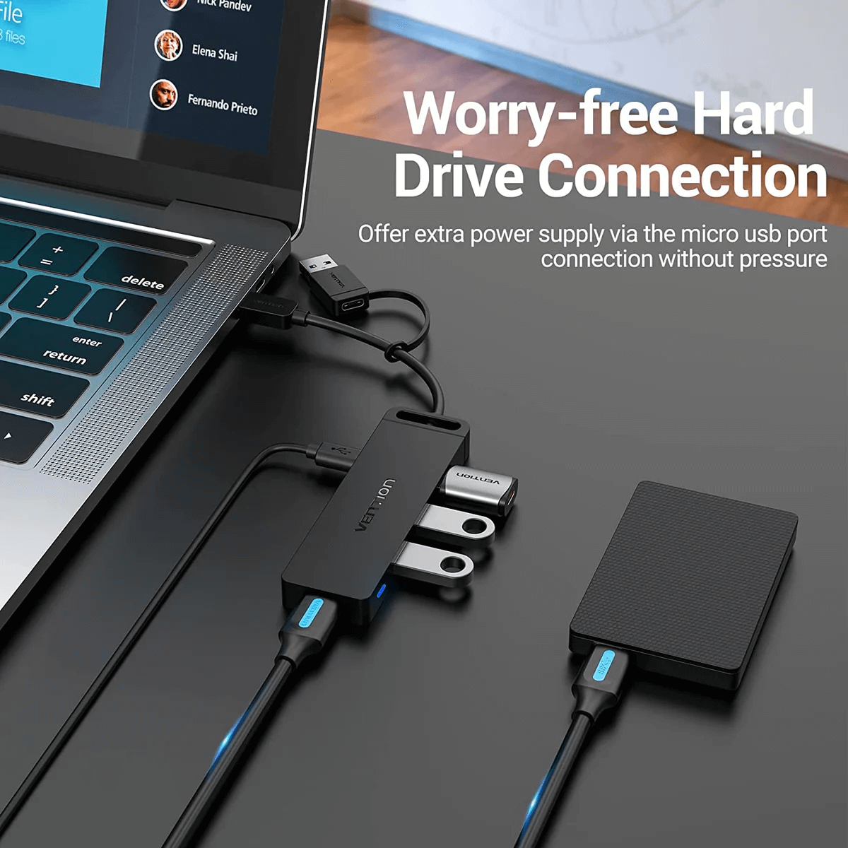 Vention 5-in-1 USB 3.0 Hub with Dual Connectors connecting to a computer and hard drive, showcasing versatile connectivity.