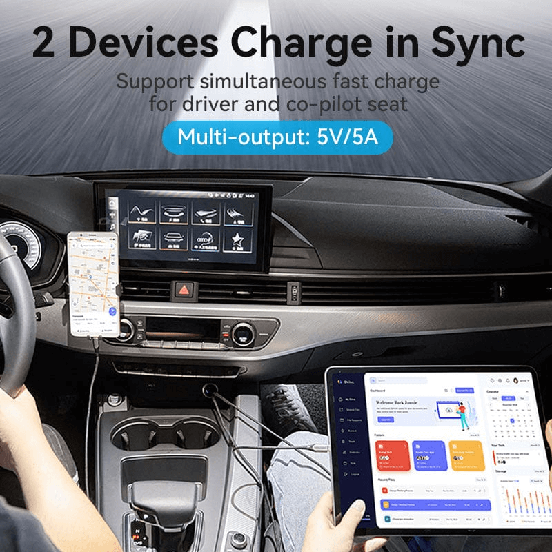 Vention Car Charger 30W allows 2 devices to charge in sync with 5V/5A multi-output for efficient traveling.