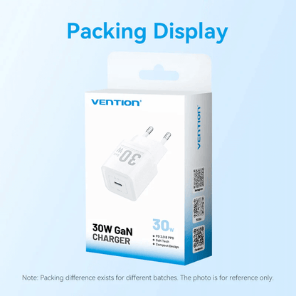 Packing display of Vention 1-Port USB-C GaN Charger 30W with compact design and 30W output.
