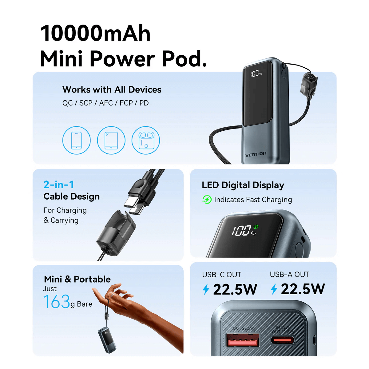 Vention Mini 10000mAh Power Bank 22.5W with LED digital display and 2-in-1 cable design.