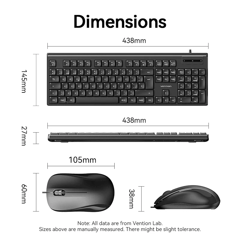 Vention USB Wired Full-Sized Silent Keyboard and Mouse Combo dimensions diagram with measurements in mm.