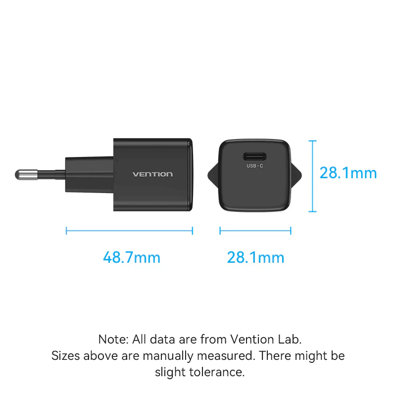Venion 1-Port USB-C Wall Charger PD20W dimensions with USB-C port for fast charging.