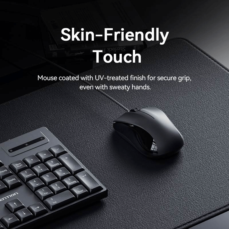 Vention USB Wired Full-Sized Silent Keyboard and Mouse Combo showcasing a skin-friendly touch for enhanced grip.