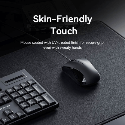 Vention USB Wired Full-Sized Silent Keyboard and Mouse Combo showcasing a skin-friendly touch for enhanced grip.