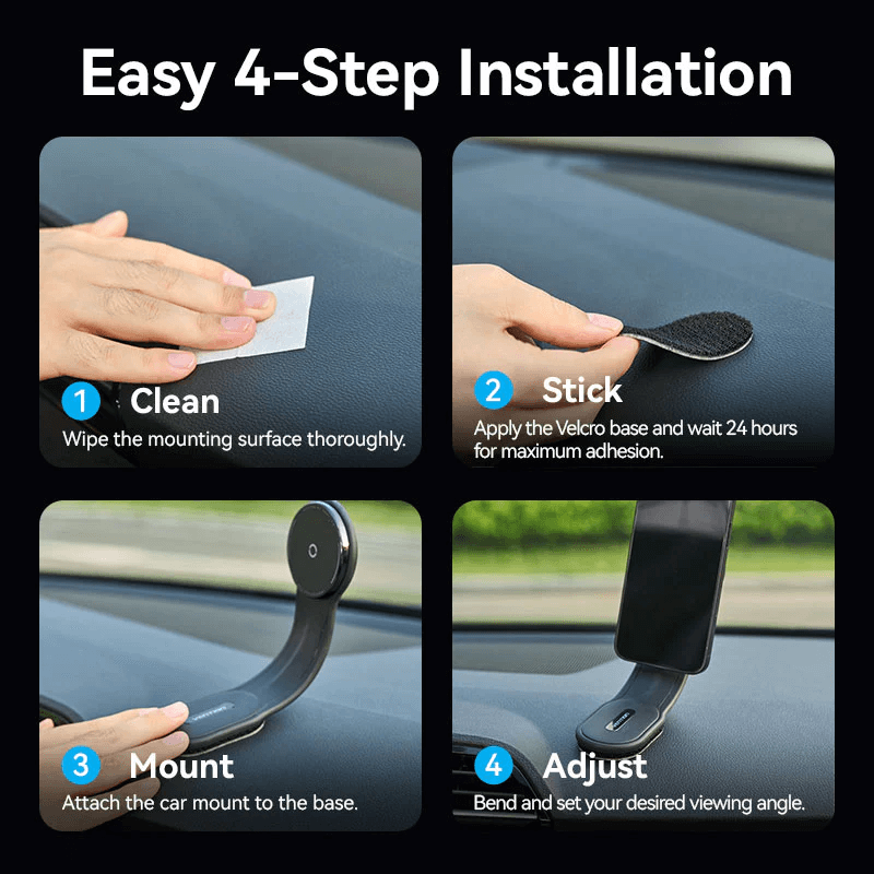 Easy 4-step installation guide for Vention Magnetic Wireless Car Mount Charger 15W.