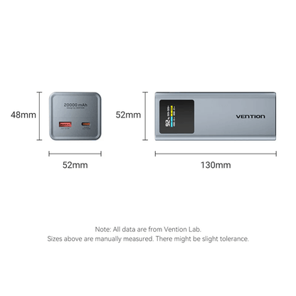 Vention 20000mAh Power Bank 100W dimensions showing length and width for effective charging solutions.
