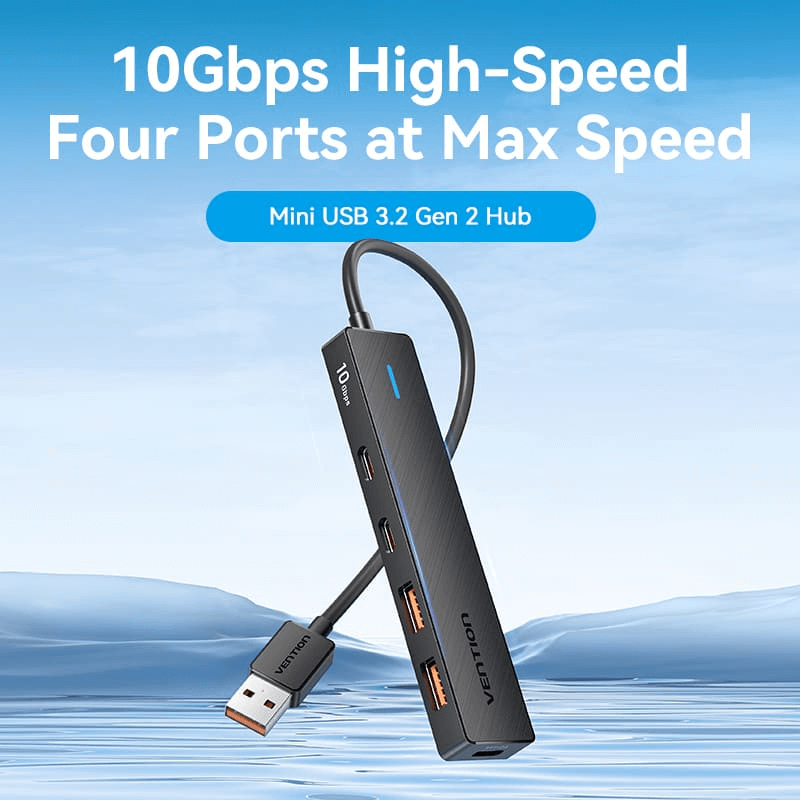Vention 5-in-1 USB 3.2 Hub 10Gbps featured in a high-speed mini hub with four ports.