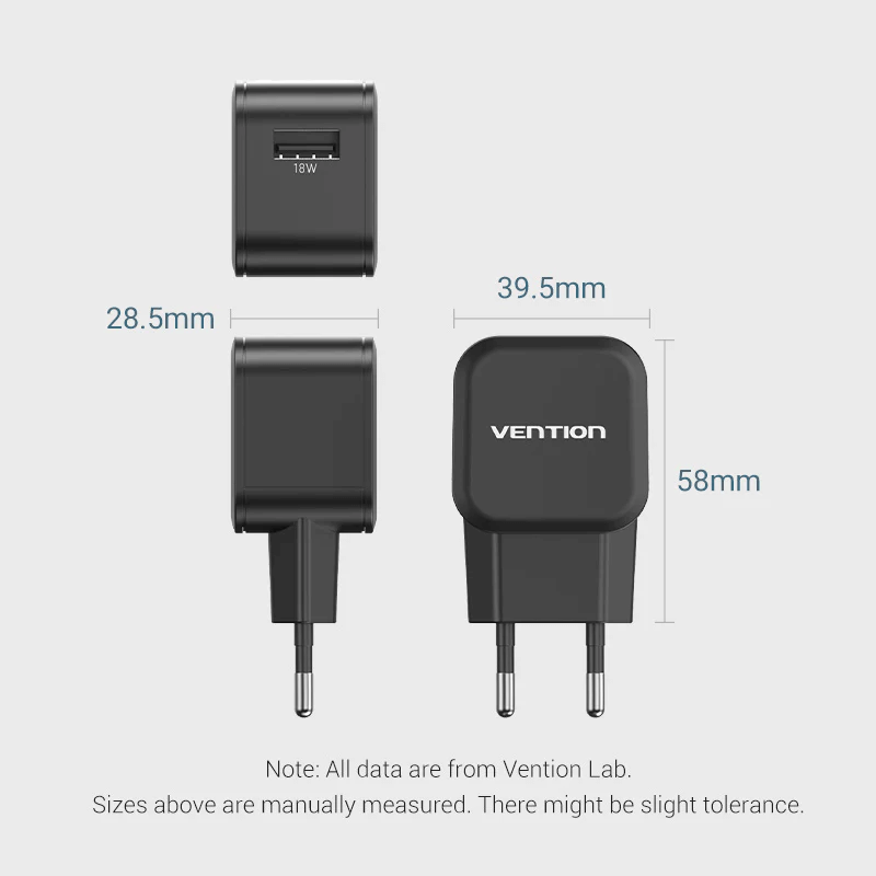 Vention 1-Port USB Wall Charger 18W dimensions with USB outlet and side view safety note
