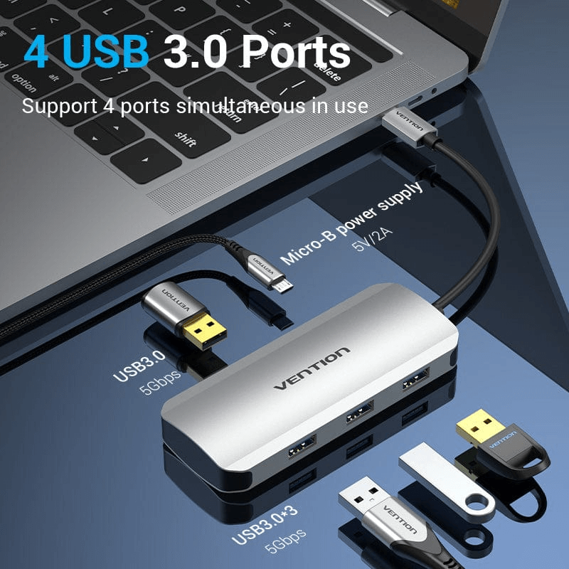 Vention 5-in-1 USB 3.0 Hub with 4 USB 3.0 ports for simultaneous connections.