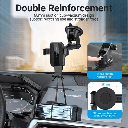 Vention Car Phone Mount with Triangular Point Fixation showcasing double reinforcement and 68mm suction design.
