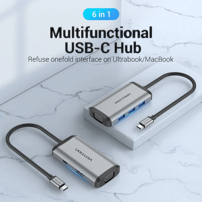 Vention 6-in-1 USB-C Docking Station for versatile connectivity and 4K Ultra HD support.