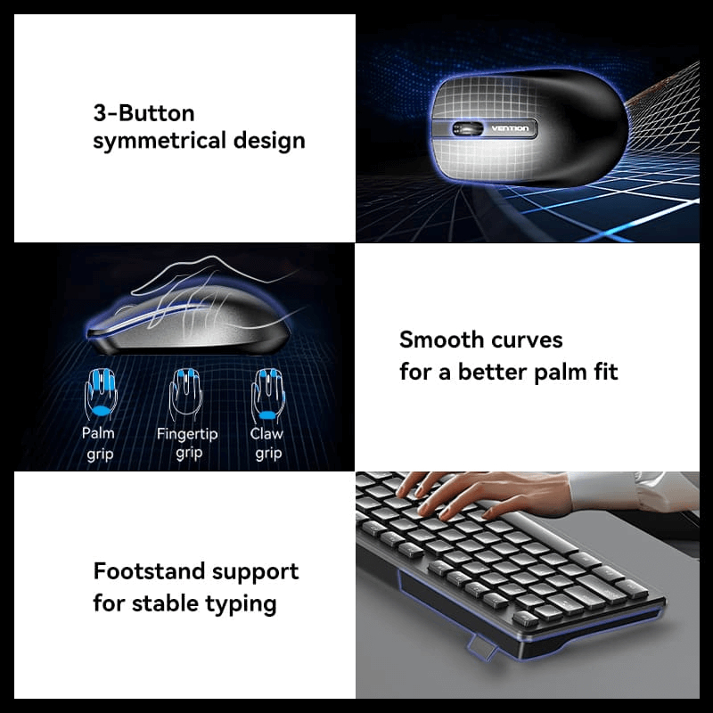 Vention Wireless Full-Sized Keyboard and Mouse Combo with Mouse Pad featuring ergonomic design and smooth curves.