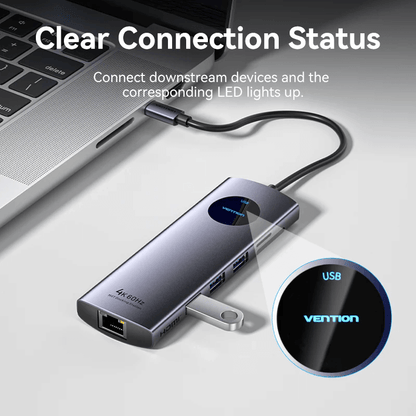 Vention 9-in-1 USB-C MST Docking Station showcasing clear connection status with LED indicators.