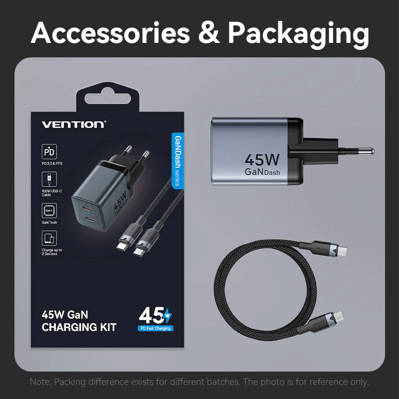 Vention 2-Port GaN Charger 45W with Cable (1M) packaged with accessories for efficient charging.